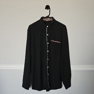 SHEIN Long Sleeve Casual Button Down Shirt Plaid Trim Front Pocket L Black Red